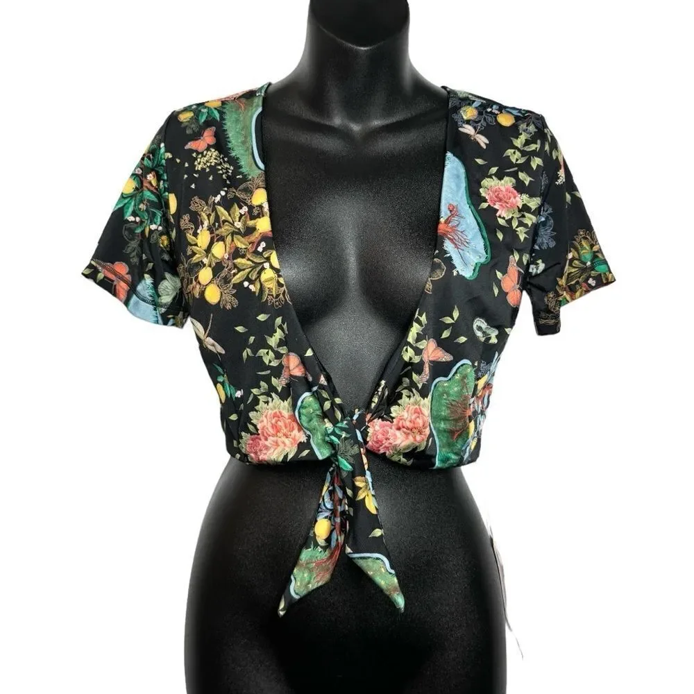 Free People HAH Black Floral Butterfly Tie Swimsuit Top Size Small New Boho